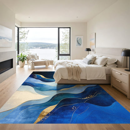 Navy Gold Abstract Waves Rug