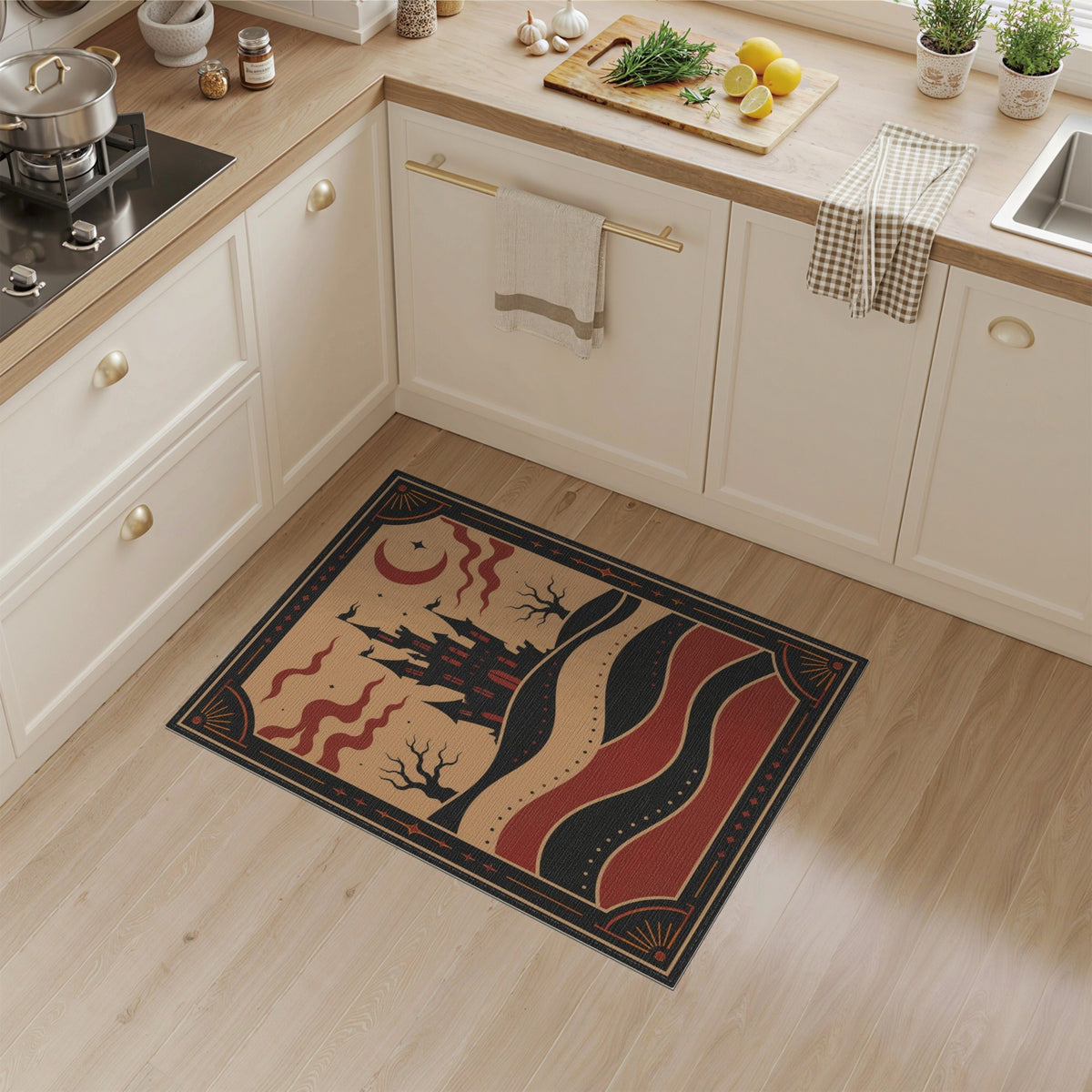 Distressed Vintage Red Gothic Castle Area Rug