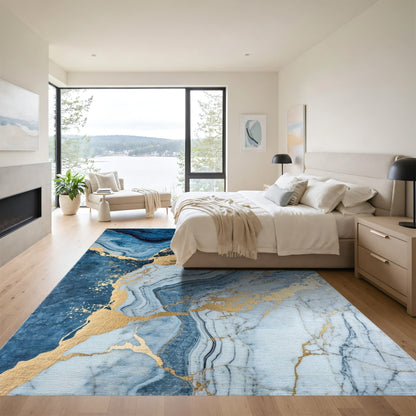 Navy Blue Gold Veined Marble Rug