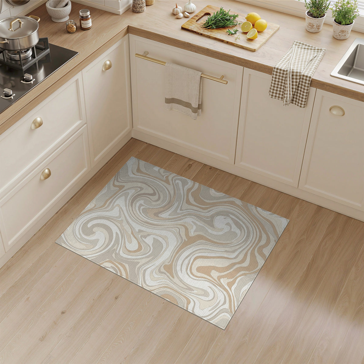 Beige Neutral Swirl Abstract Area Rug
