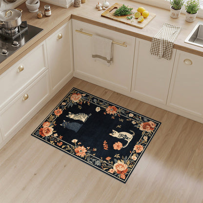 Black and White Black Cat Floral Vintage Area Rug