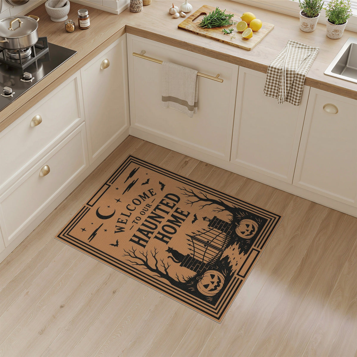Orange Haunted Home Halloween Welcome Area Rug
