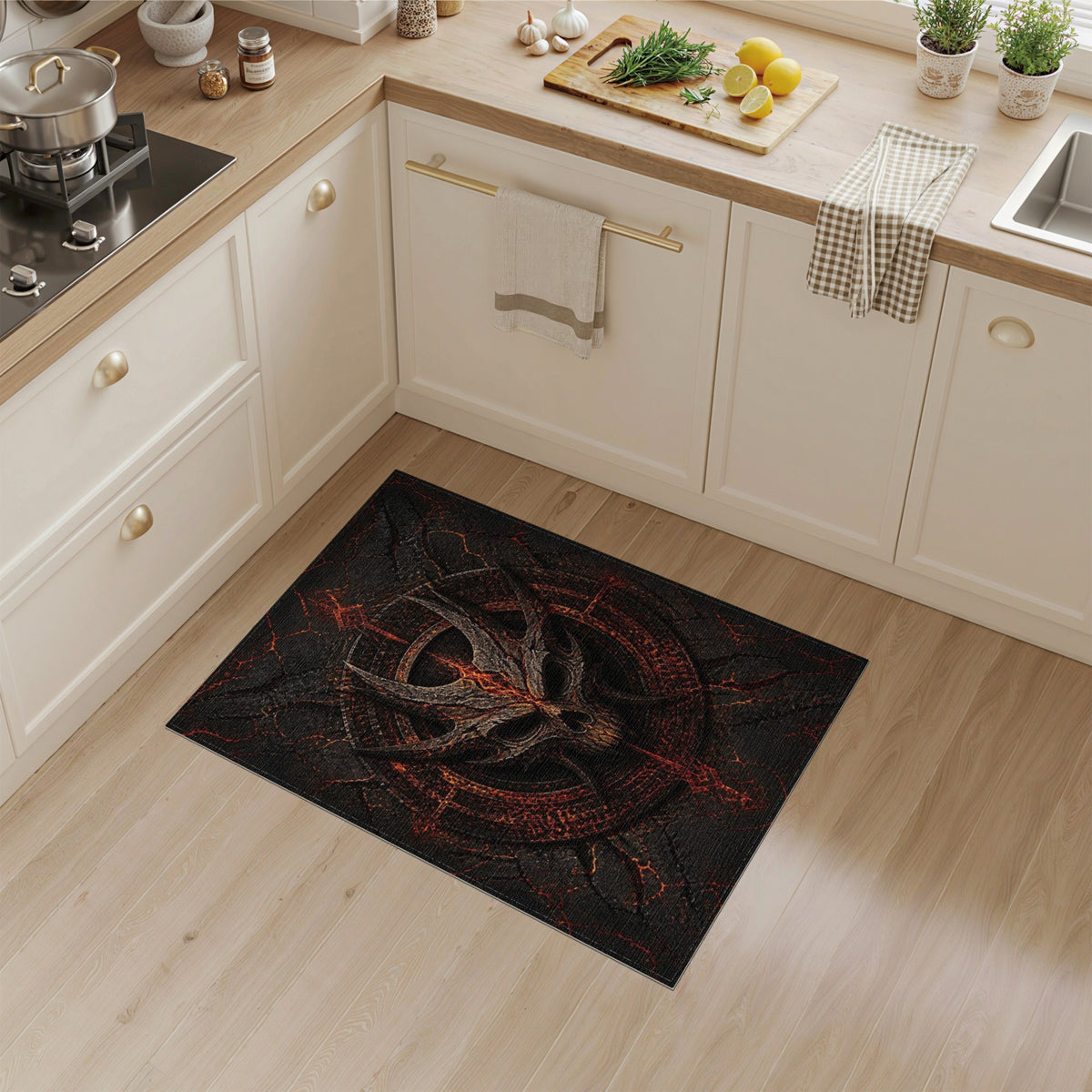 Fiery Horned Skull Area Rug