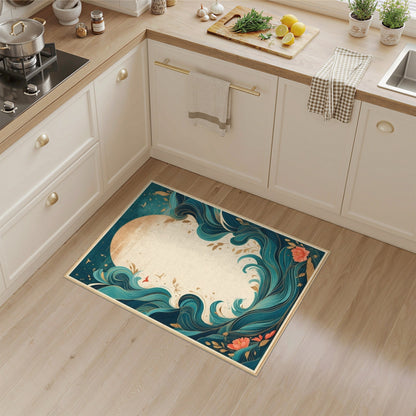 Teal Wave Coastal Floral Area Rug