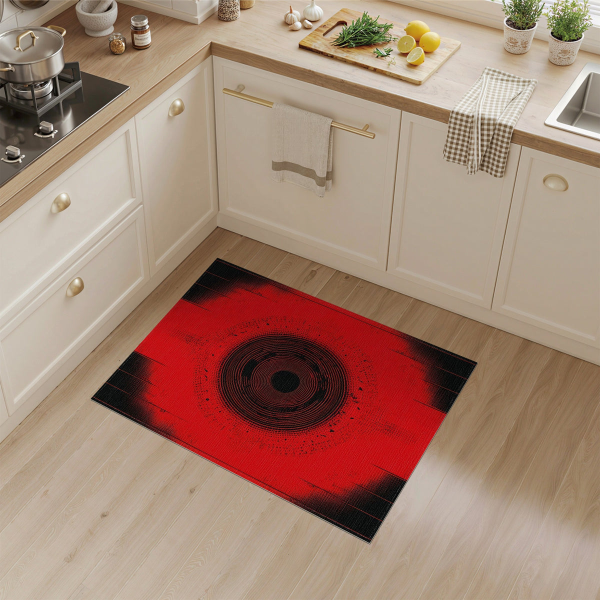 Red Concentric Circle Geometric Area Rug