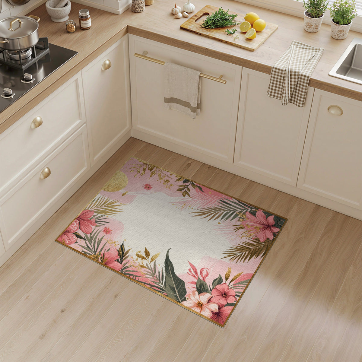 Pink Floral Vintage Pink Floral Gold Washable Area Rug