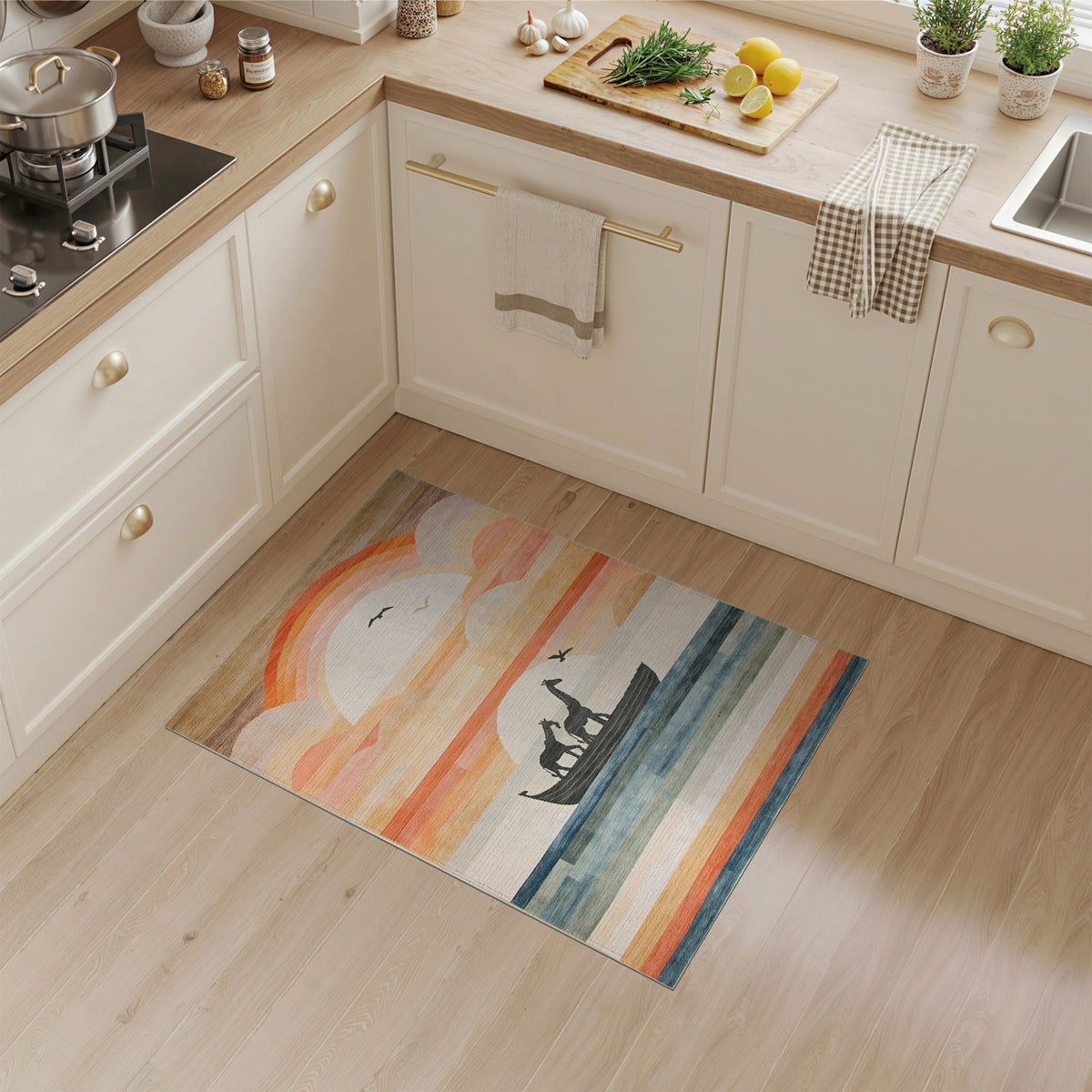 Giraffes Boat Sunset Kids Area Rug