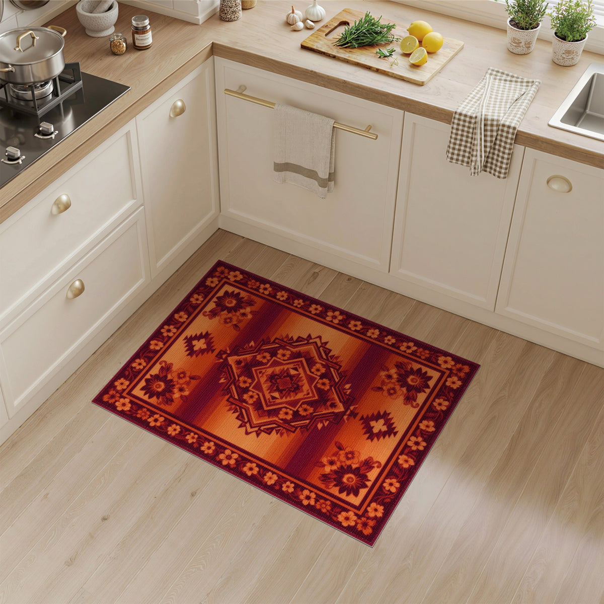 Southwestern Red Geometric Area Rug with Floral Border