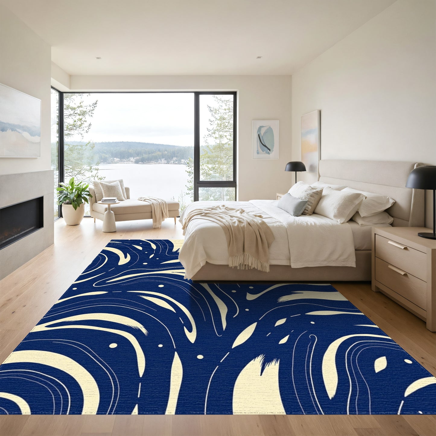 Navy Swirling Cream Waves Rug