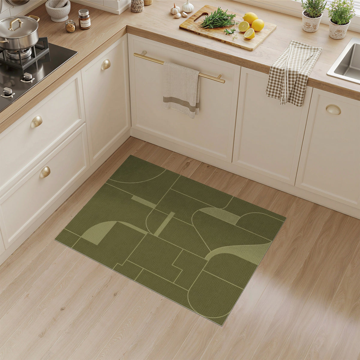 Green Olive Green Geometric Area Rug