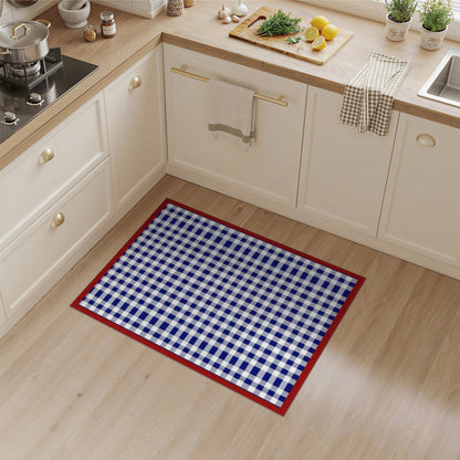 Navy Blue Checkered Rug with Red Border