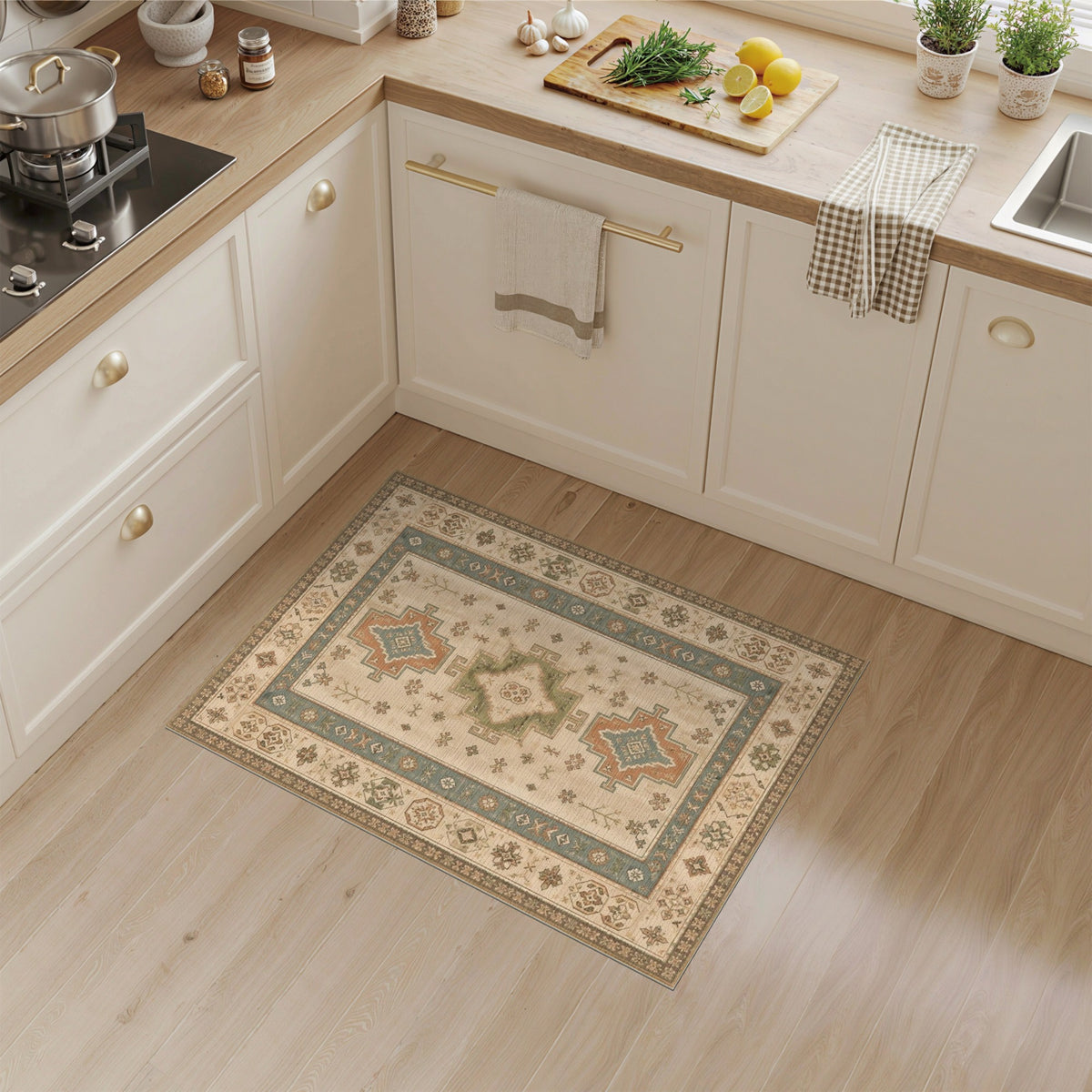 Distressed Vintage Beige Geometric Medallion Area Rug