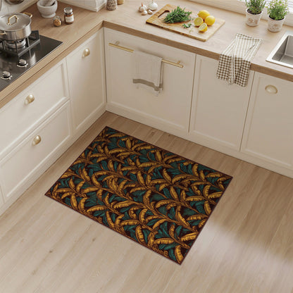 Gold Teal Leaf Boho Area Rug