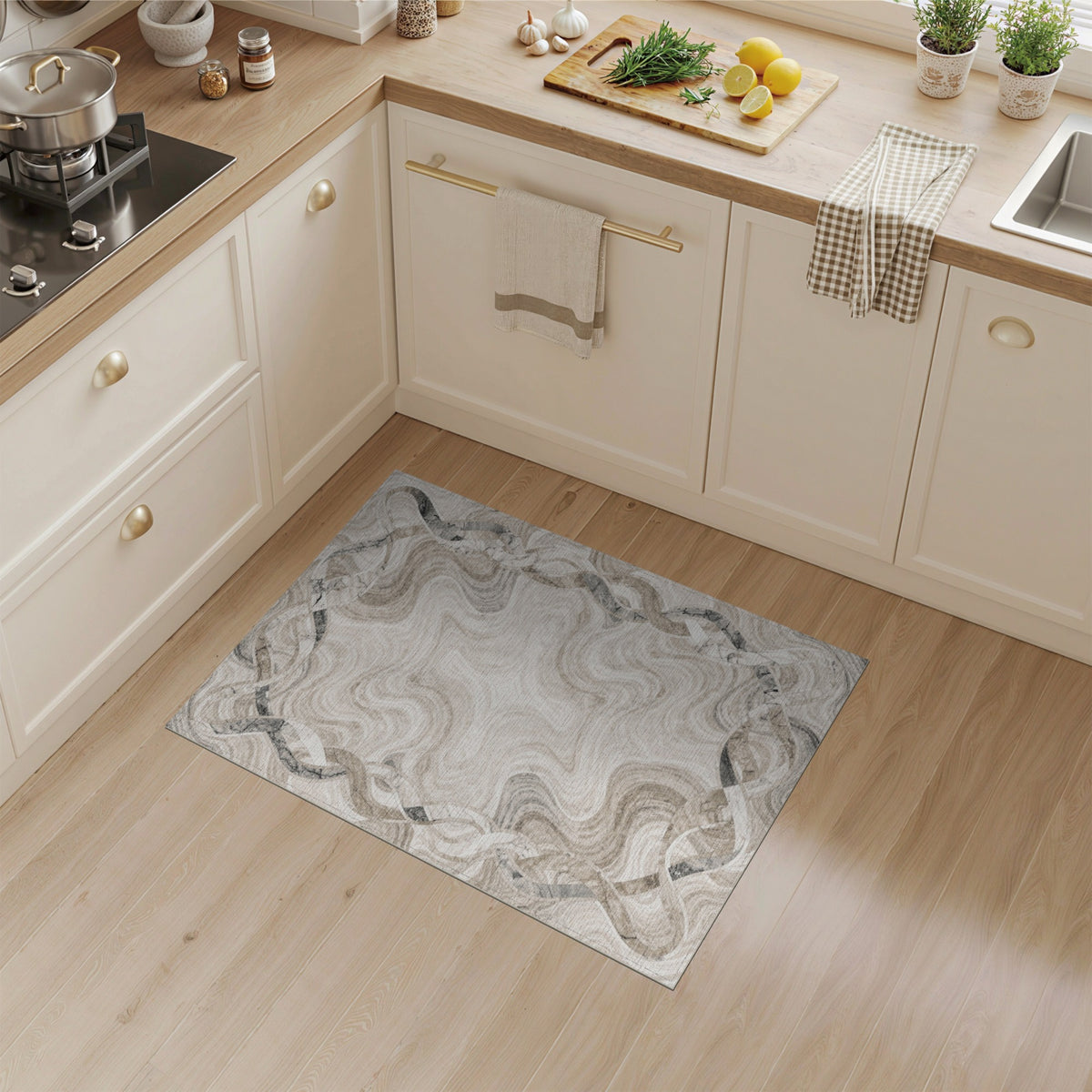 Beige Marble Swirl Wave Border Area Rug