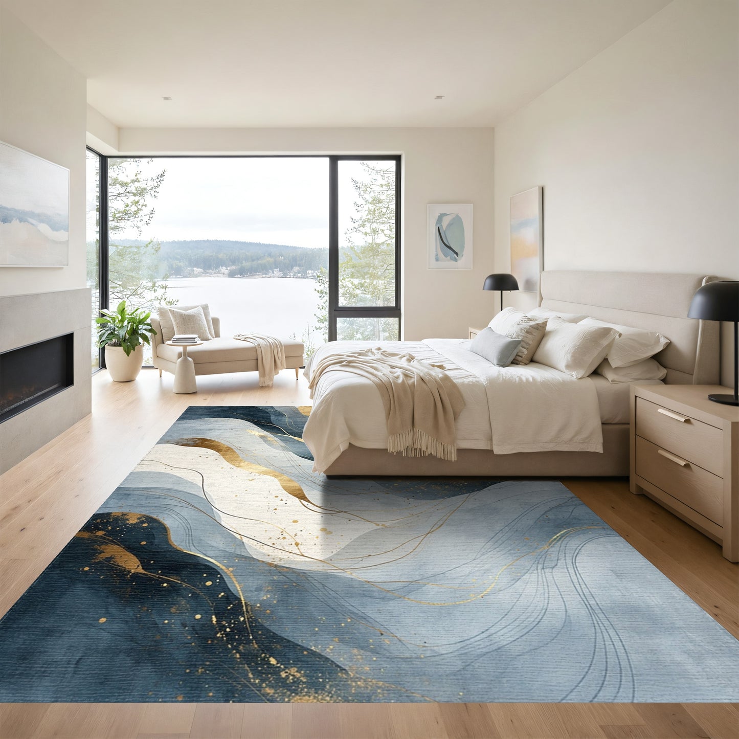 Navy Blue Mountains Golden Sun Rug