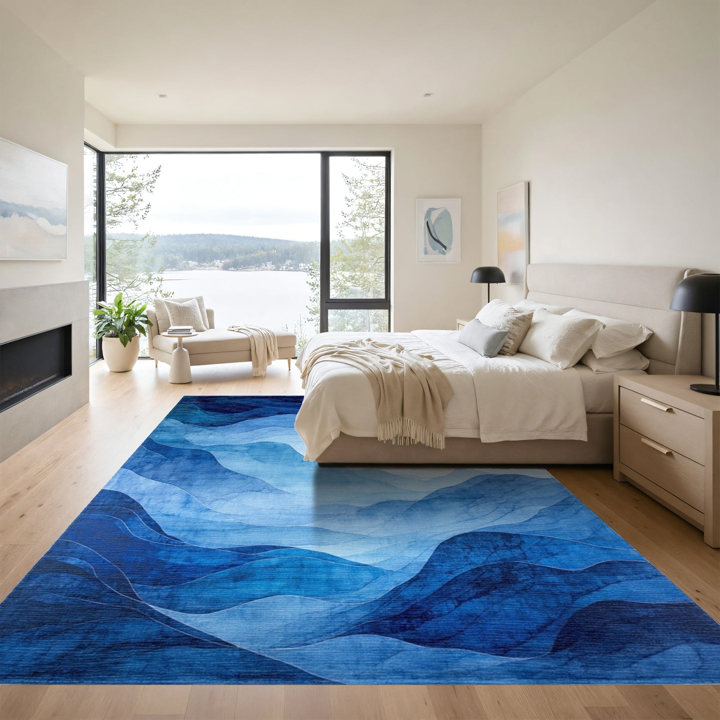 Layered Blue Watercolor Waves Rug