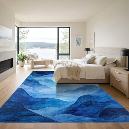 Layered Blue Watercolor Waves Rug