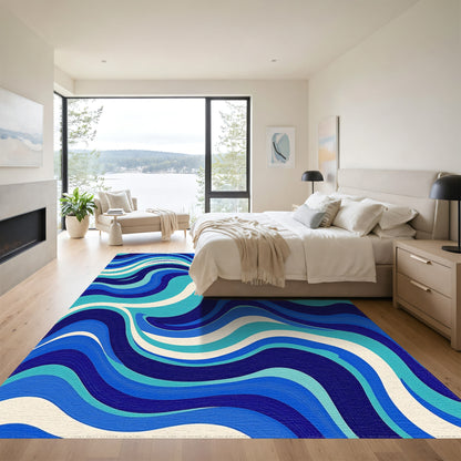 Navy Teal Wavy Abstract Rug