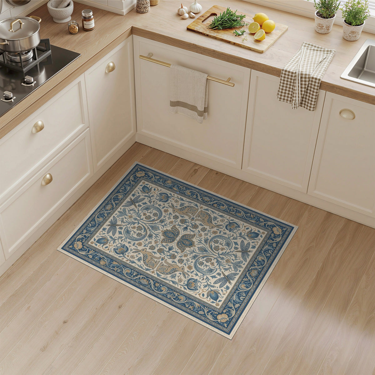 Blue Teal Floral Vintage Rabbit Area Rug