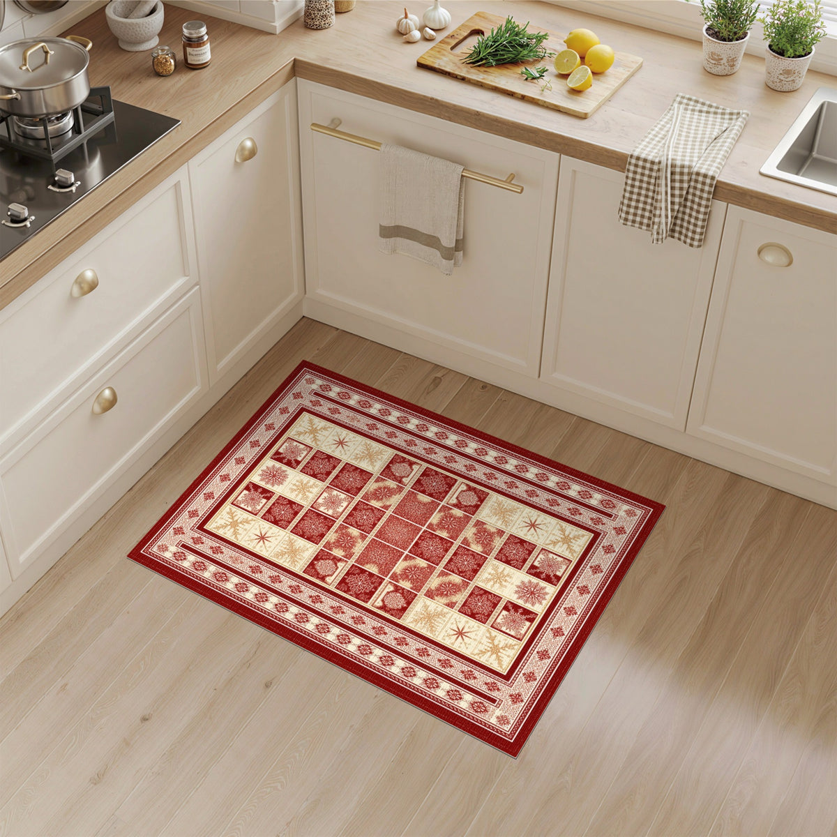 Red Snowflake Geometric Area Rug