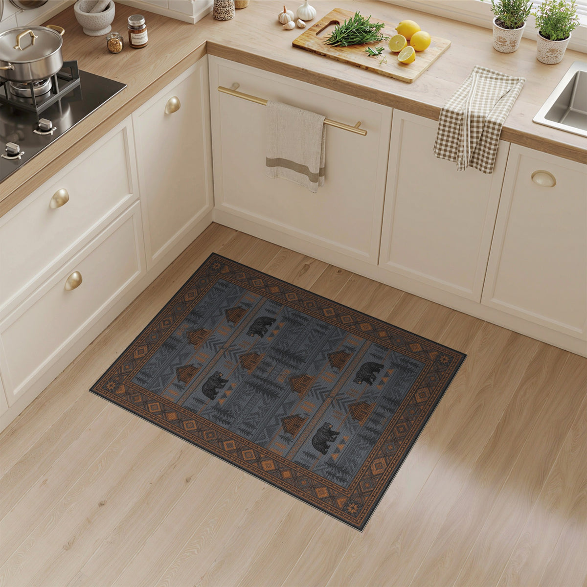 Grey Bear and Cabin Rustic Area Rug