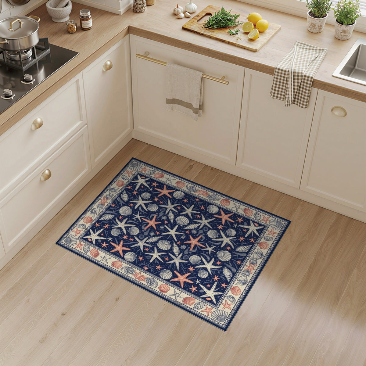 Blue and Teal Navy Coastal Starfish Seashell Area Rug