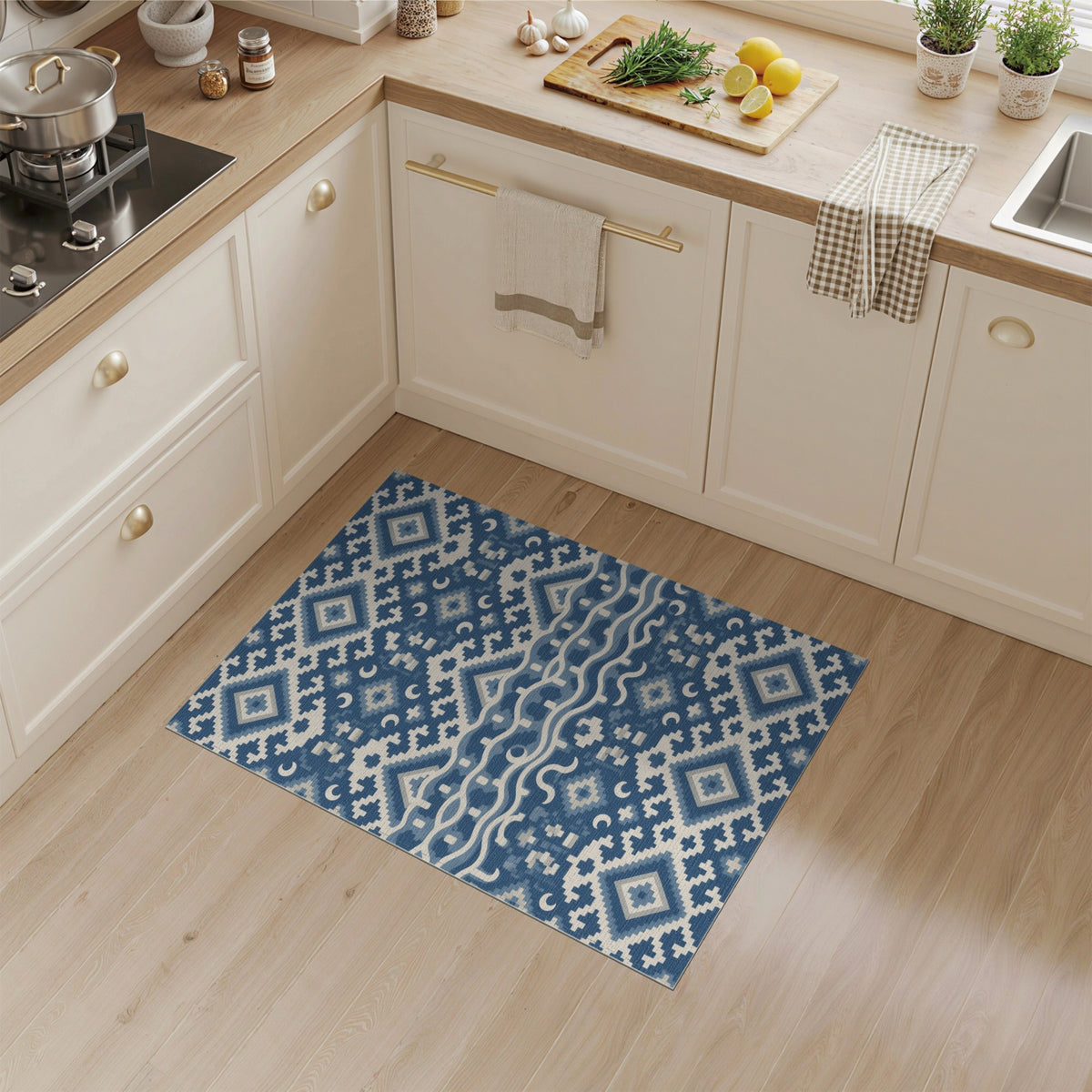 Blue and Teal Washable Blue Geometric Washable Area Rug
