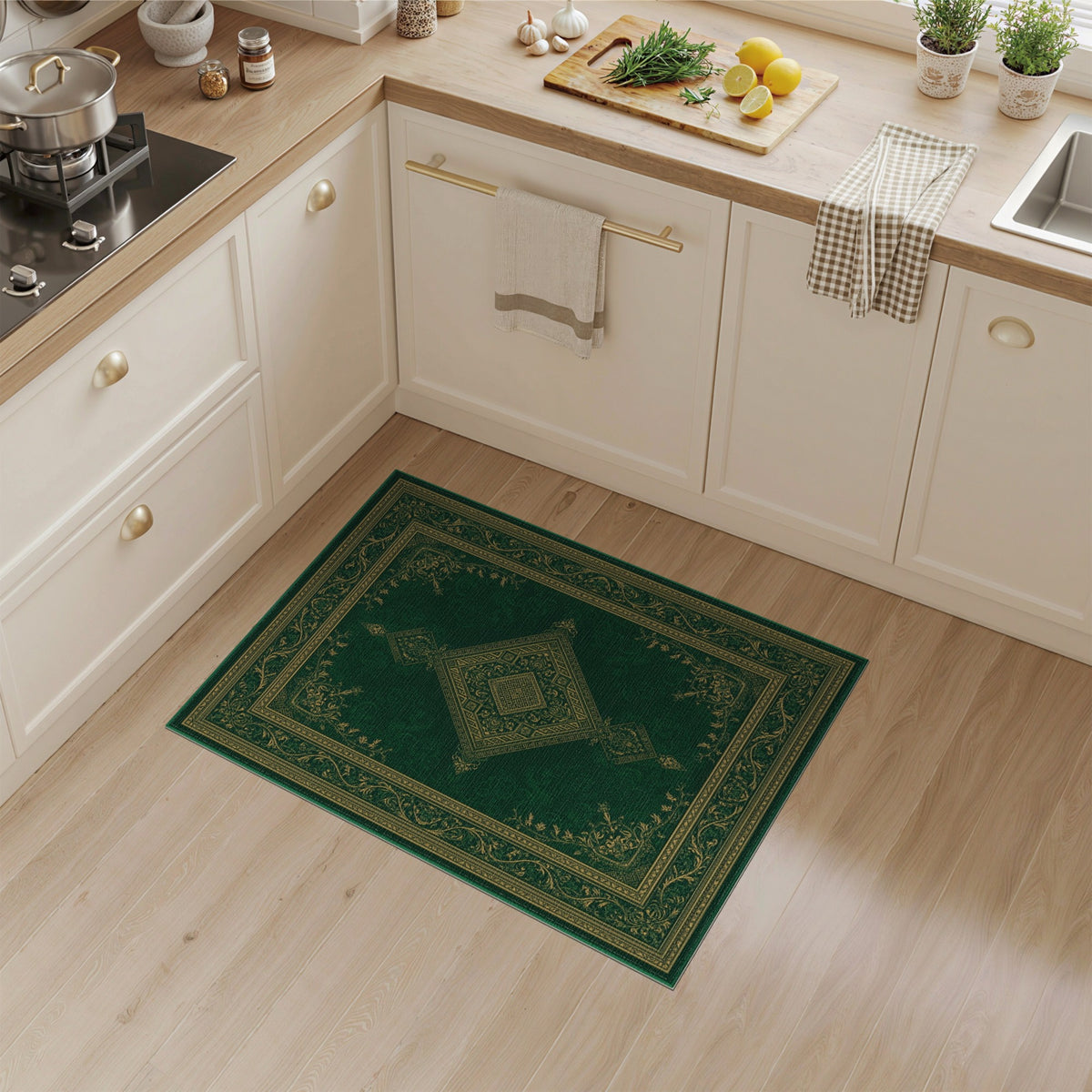 Green Persian Area Rug with Gold Medallion
