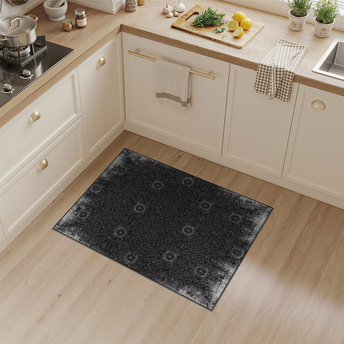 Black White Distressed Vintage Floral Area Rug