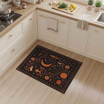Orange Mystical Black Cat Moon Area Rug