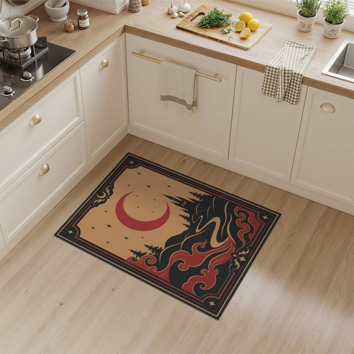 Red Crescent Moon Castle Area Rug