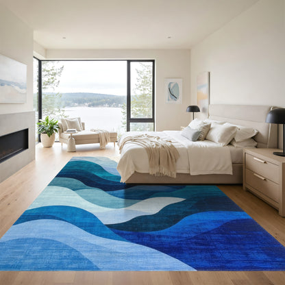 Teal Blue Layered Waves Rug