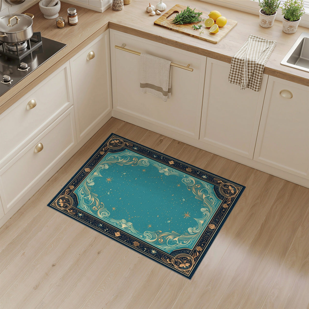 Teal Floral Vintage Area Rug with Gold Border
