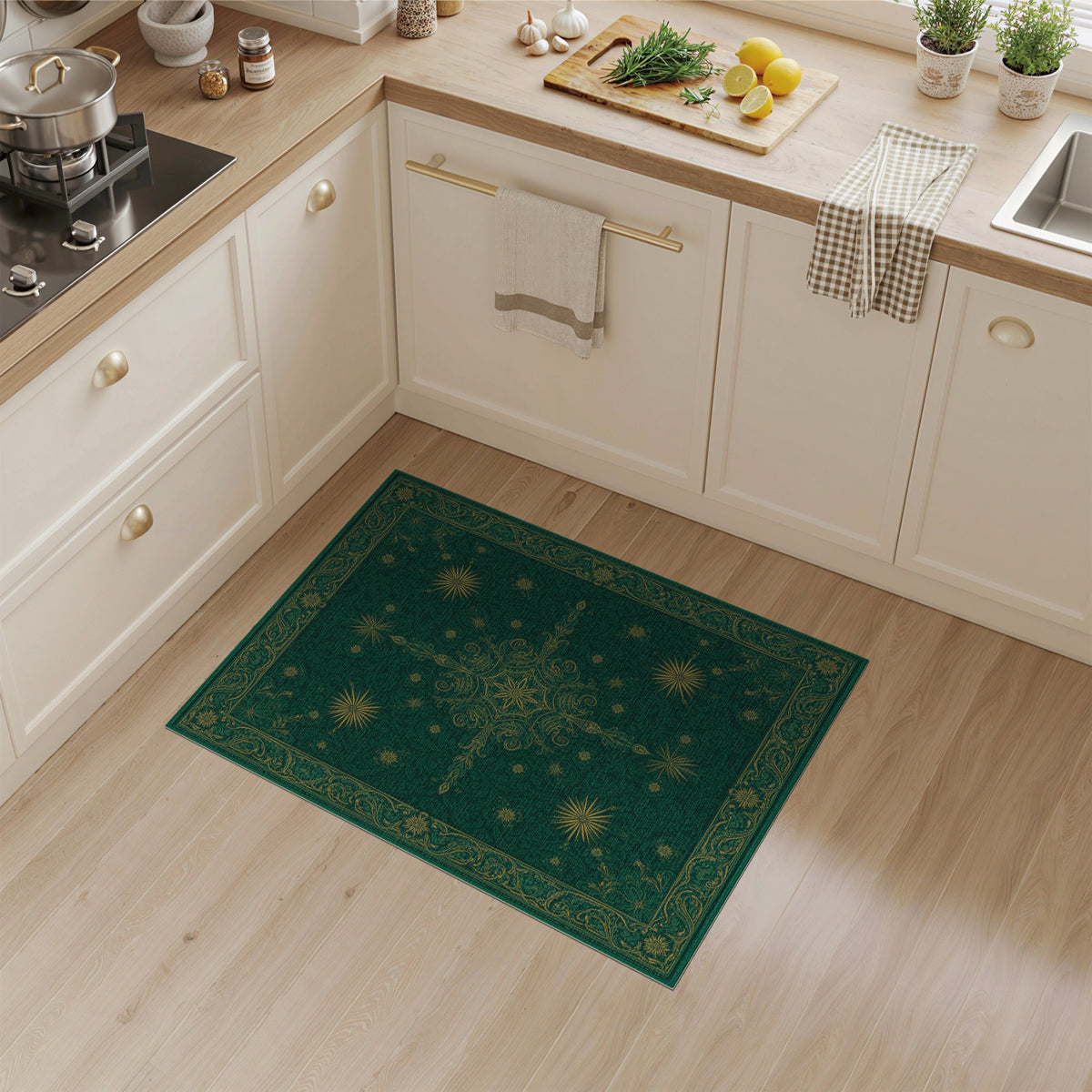 Green Persian Rug with Gold Starburst Motifs