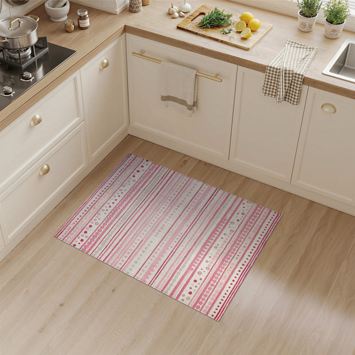 Pink Geometric Striped Dot Area Rug