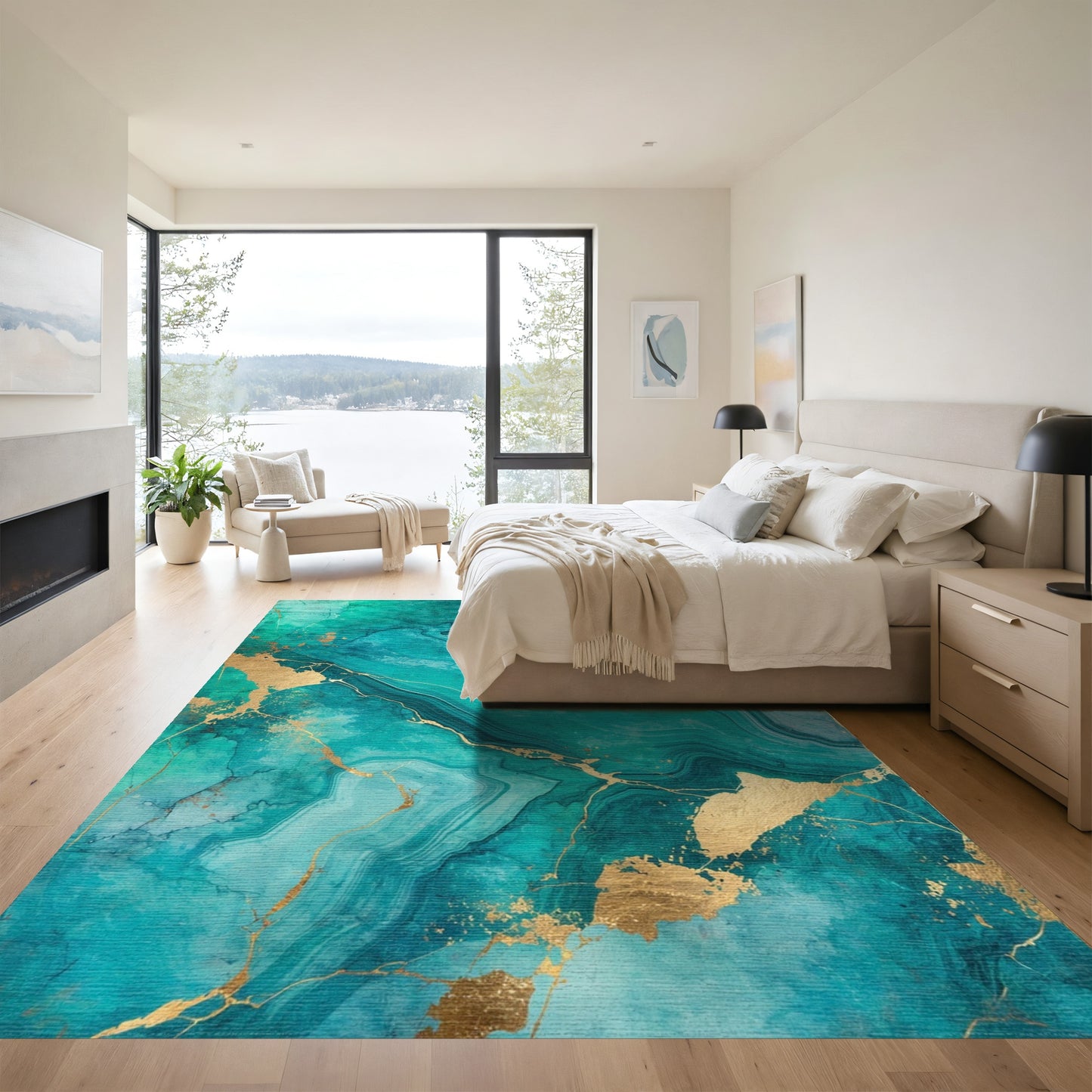 Teal Gold Veined Marble Rug