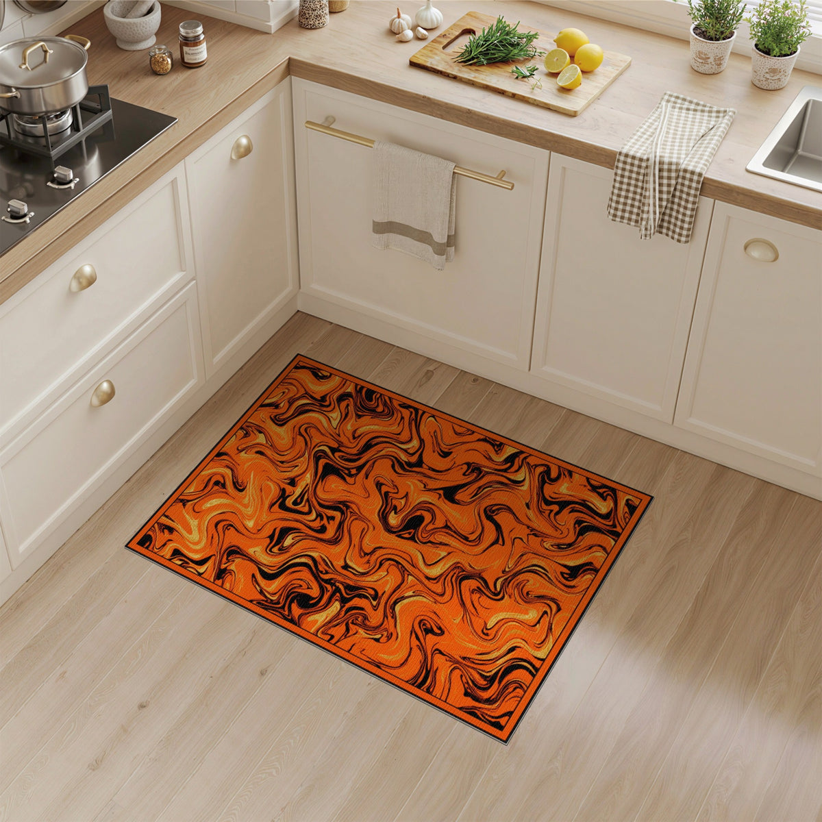 Abstract Area Orange Black Marble Swirl Area Rug