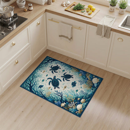 Blue and Teal Blue Teal Sea Turtle Coastal Area Rug