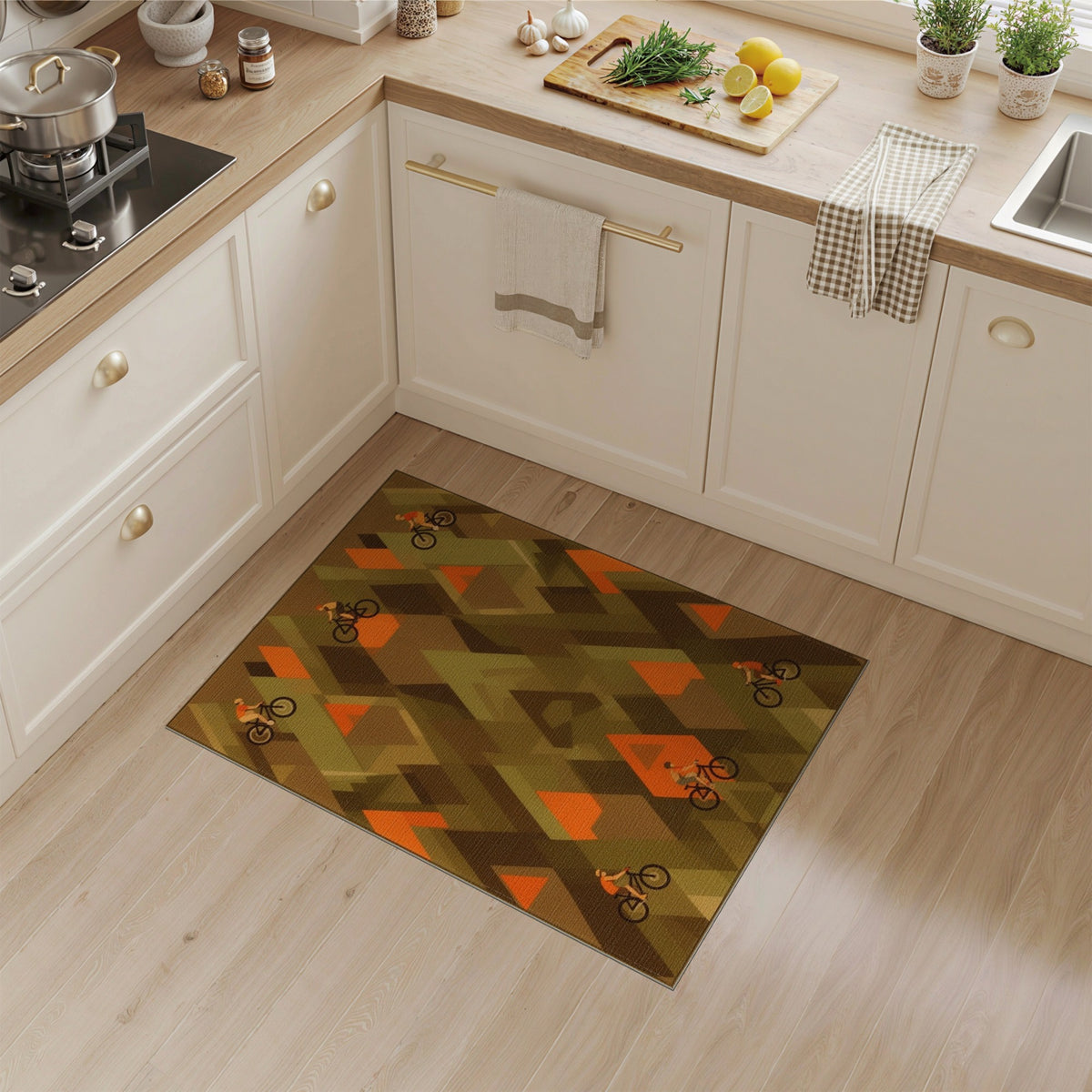 Geometric Mountain Bike Brown Area Rug