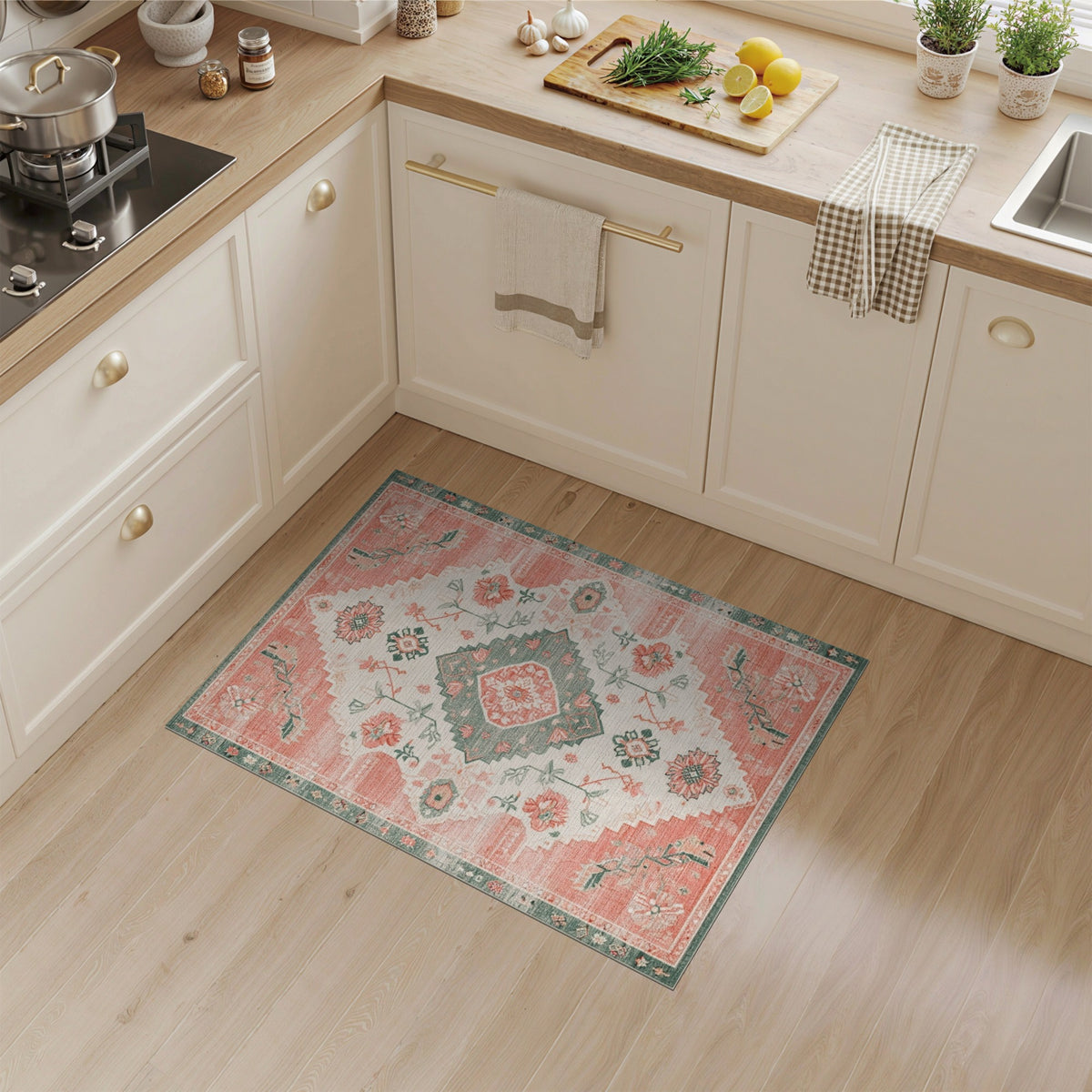 Coral Teal Floral Medallion Area Rug