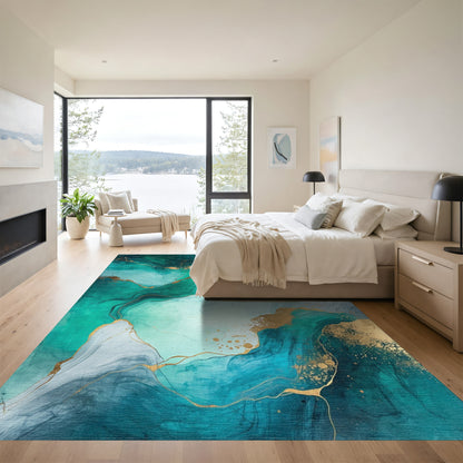 Teal Gold Fluid Marble Rug