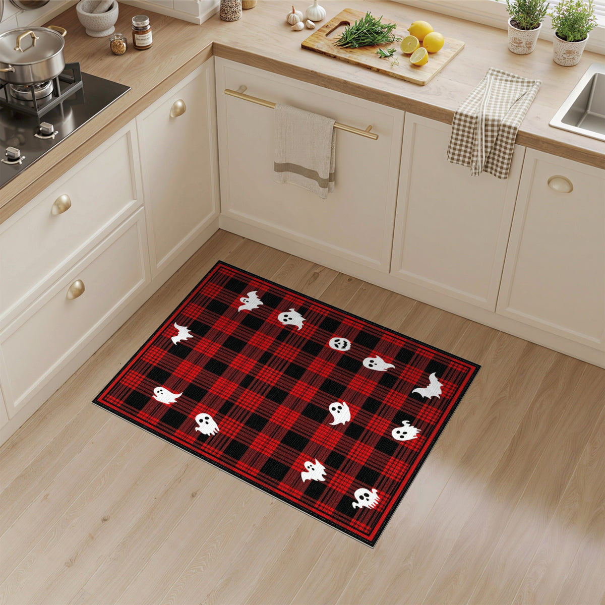 Red Plaid Halloween Ghost Bat Kids Rug
