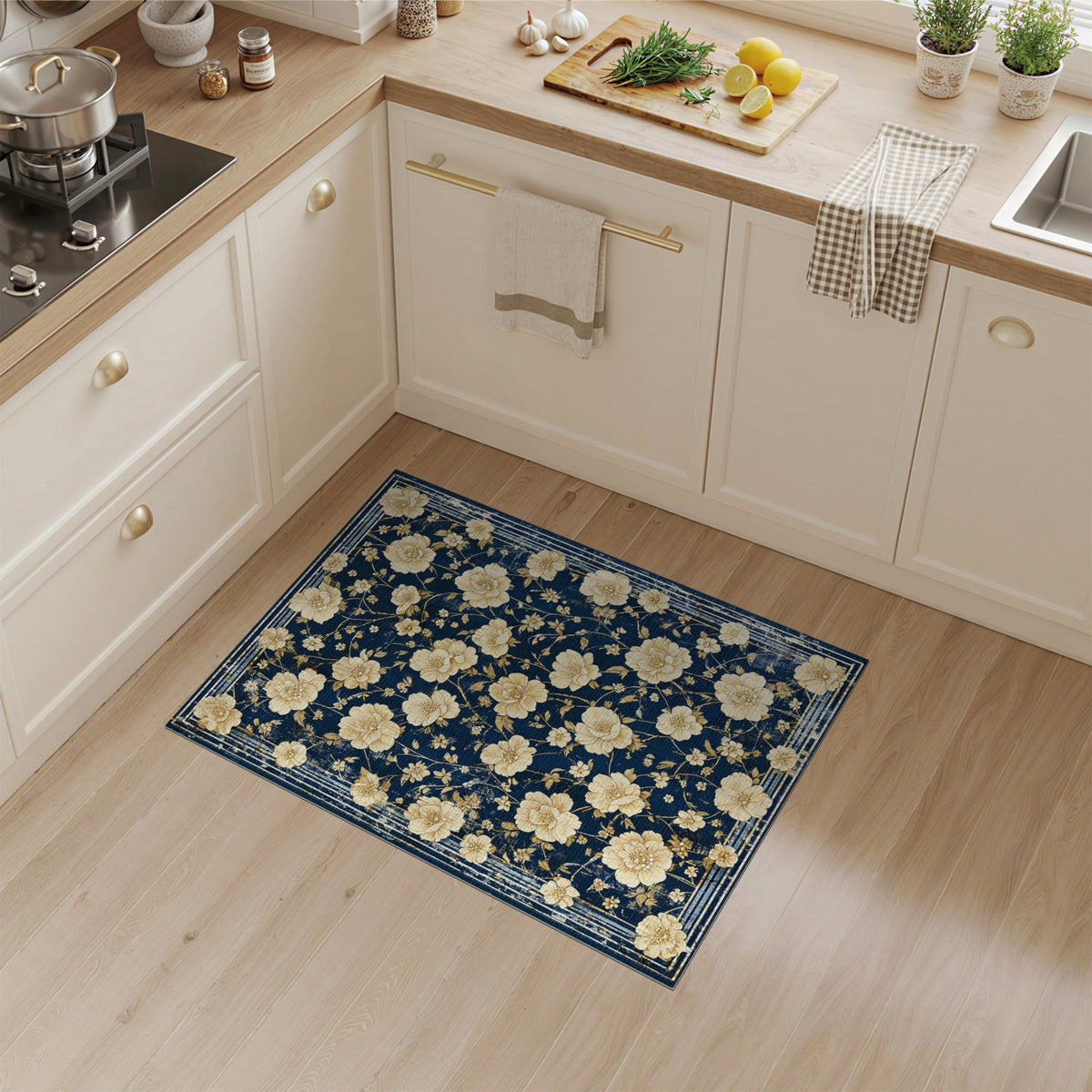 Vintage Floral Navy Blue Area Rug
