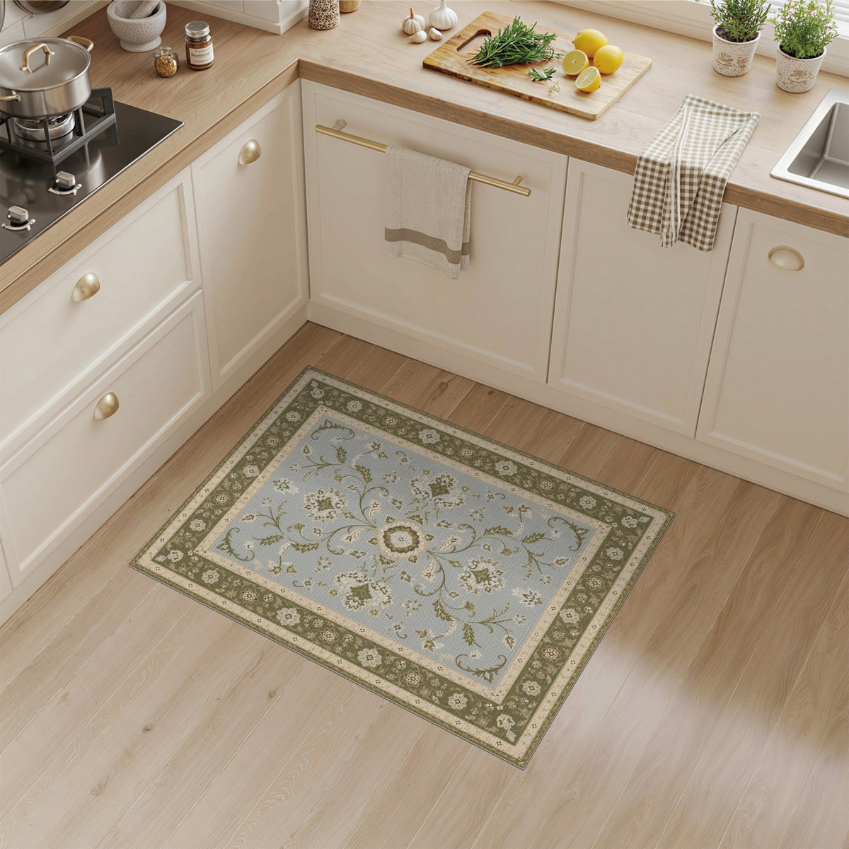 Green Floral Vintage Area Rug