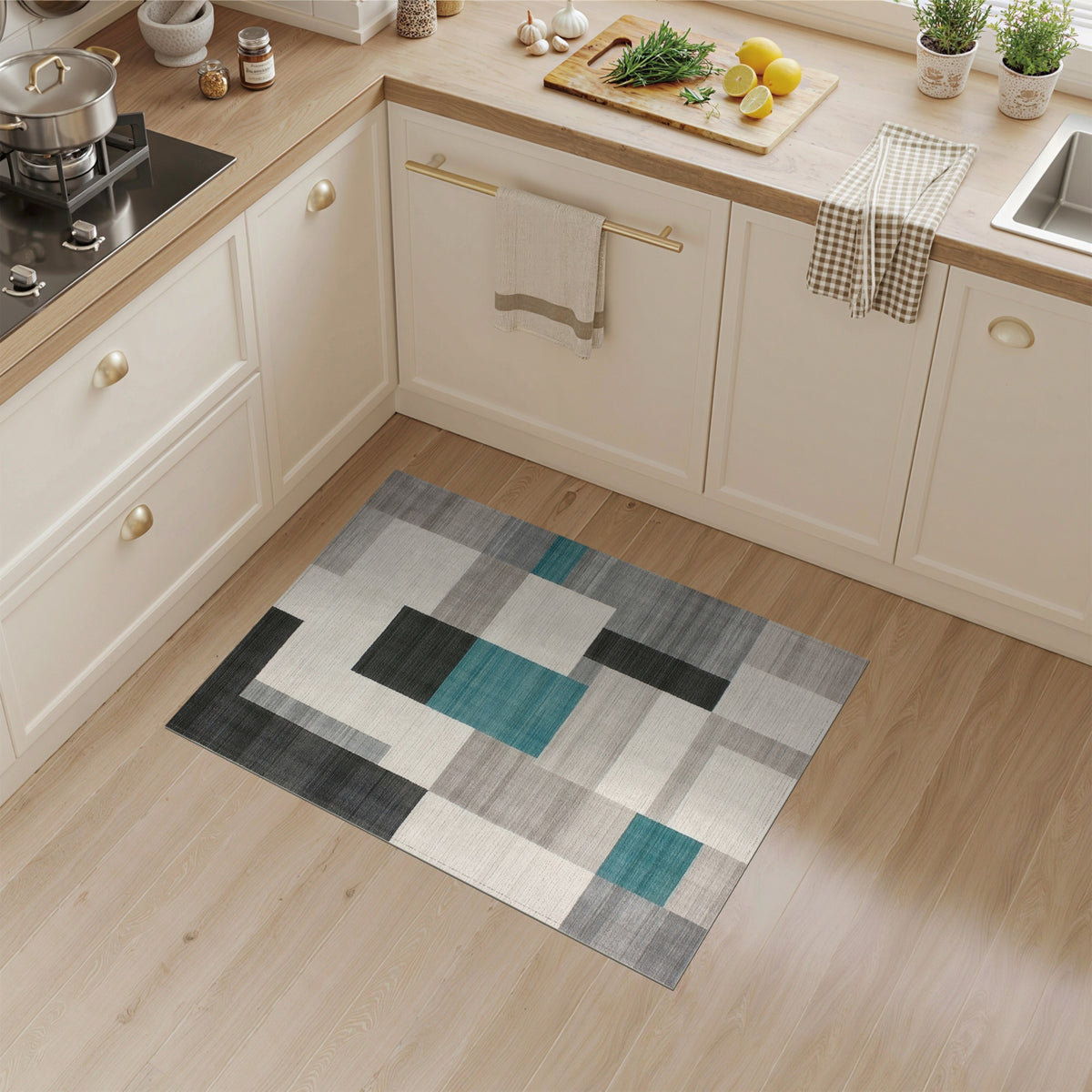 Modern Teal Geometric Area Rug Black Grey