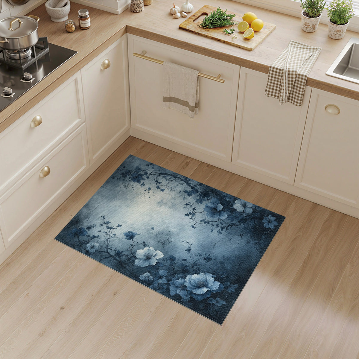 Blue Floral Distressed Vintage Area Rug