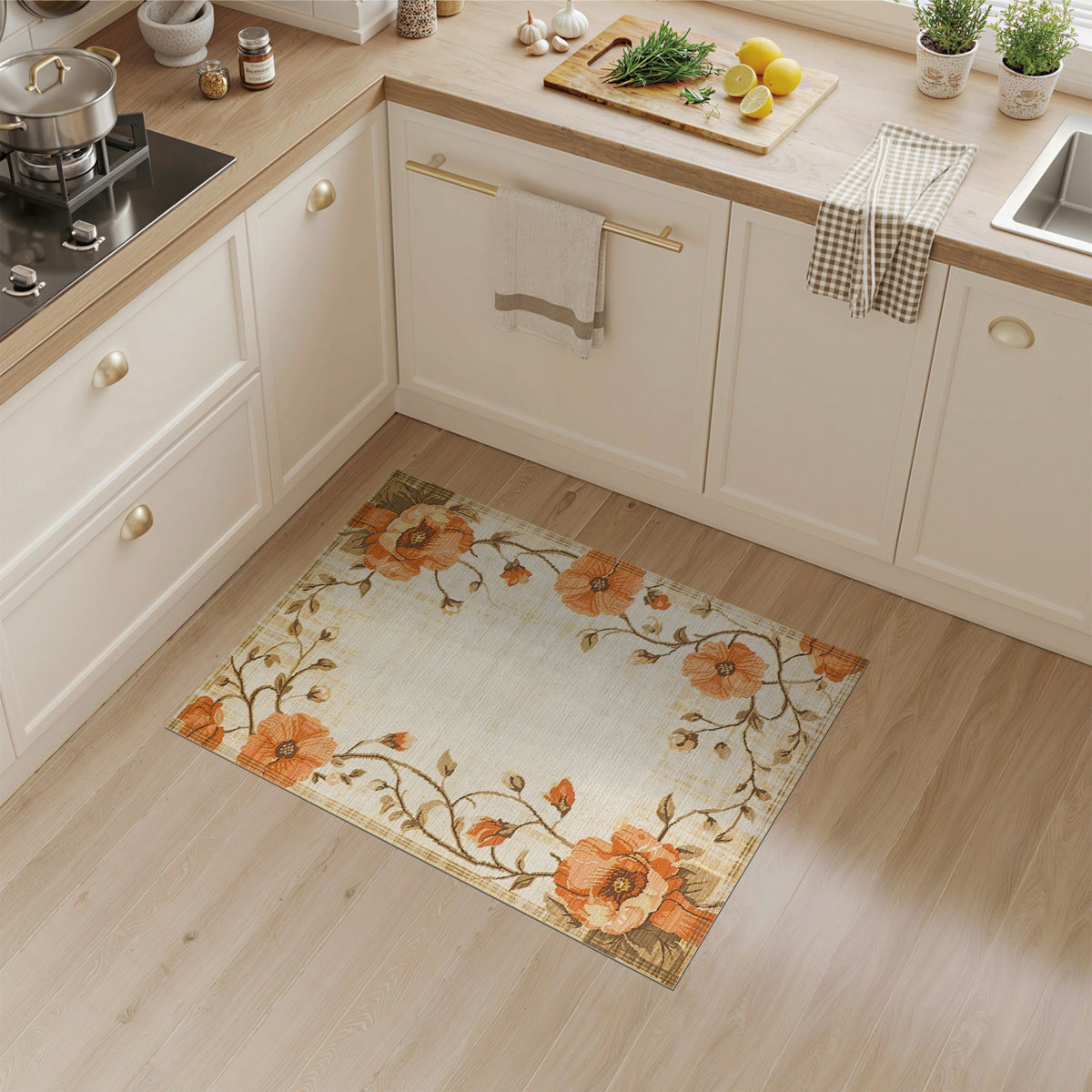 Orange Poppy Floral Vintage Rug