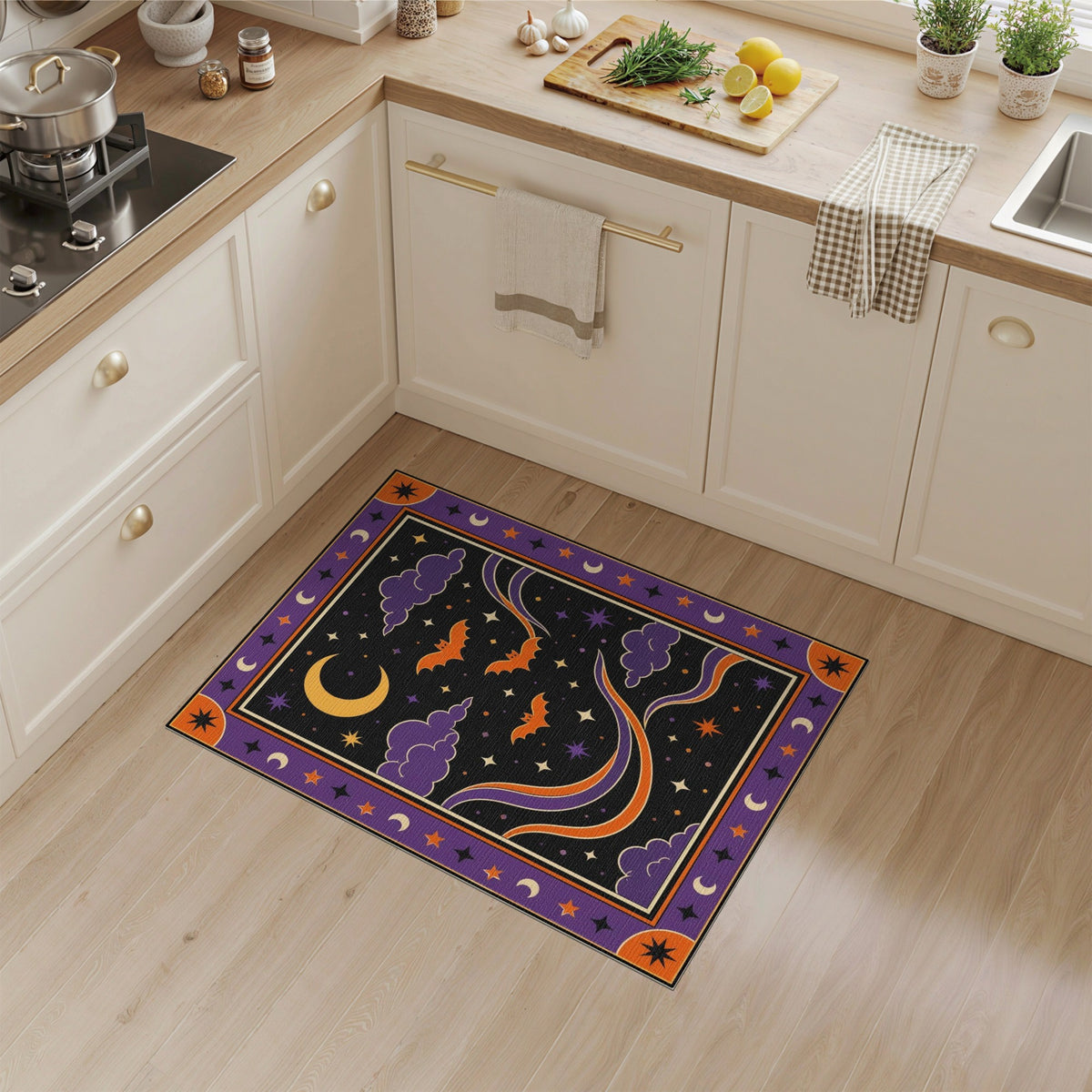 Purple Bats Crescent Moon Kids Area Rug