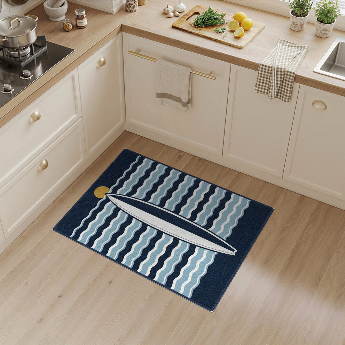 Coastal Surfboard Blue Waves Area Rug
