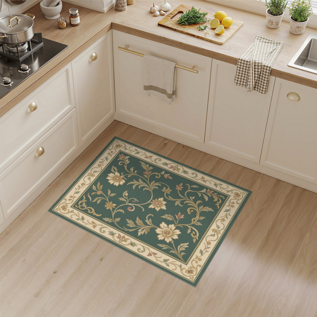 Green Floral Vintage Area Rug